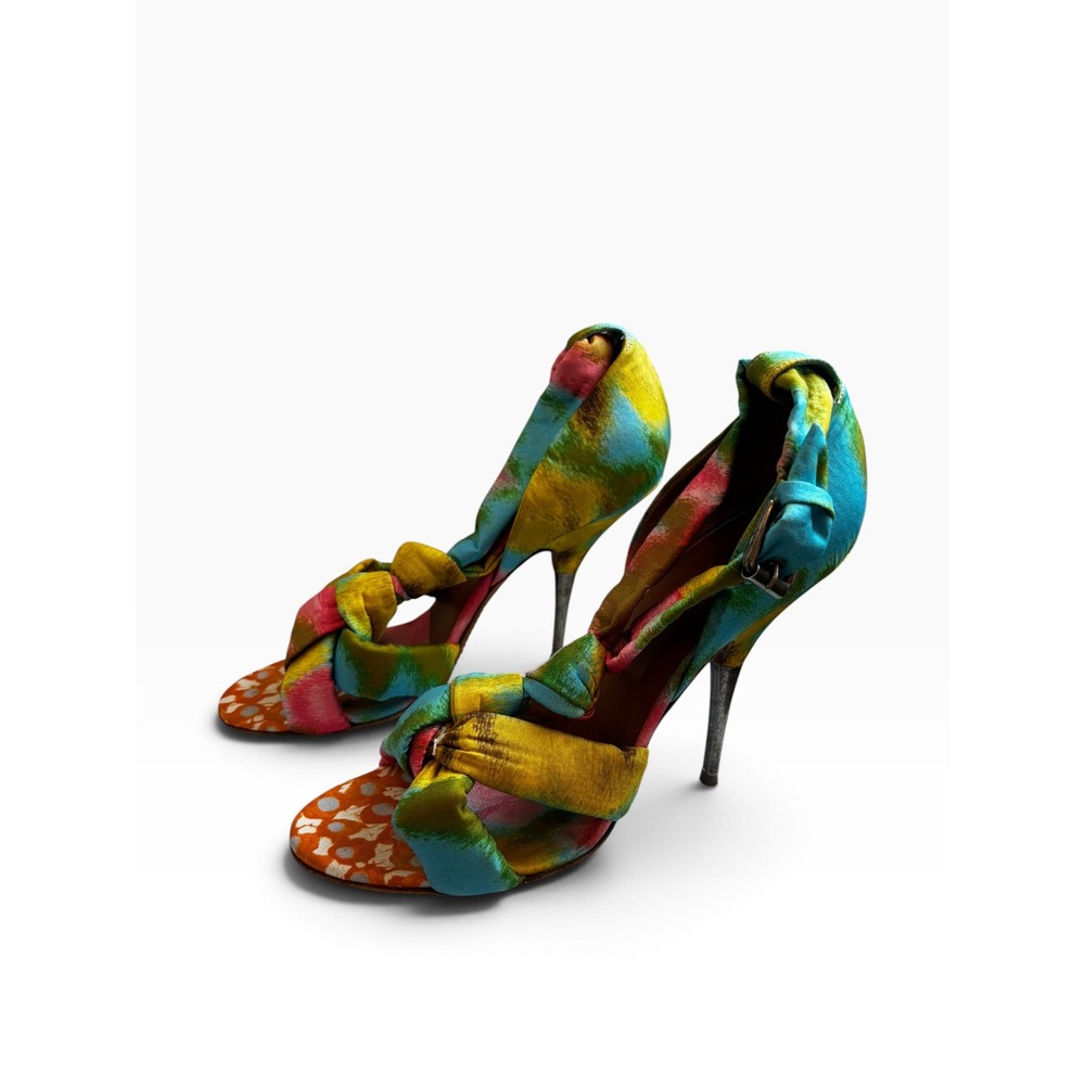Dries Van Noten Sandals 39 8.5 Knotted Ikat Silk Stiletto Heels Vintage Y2K
